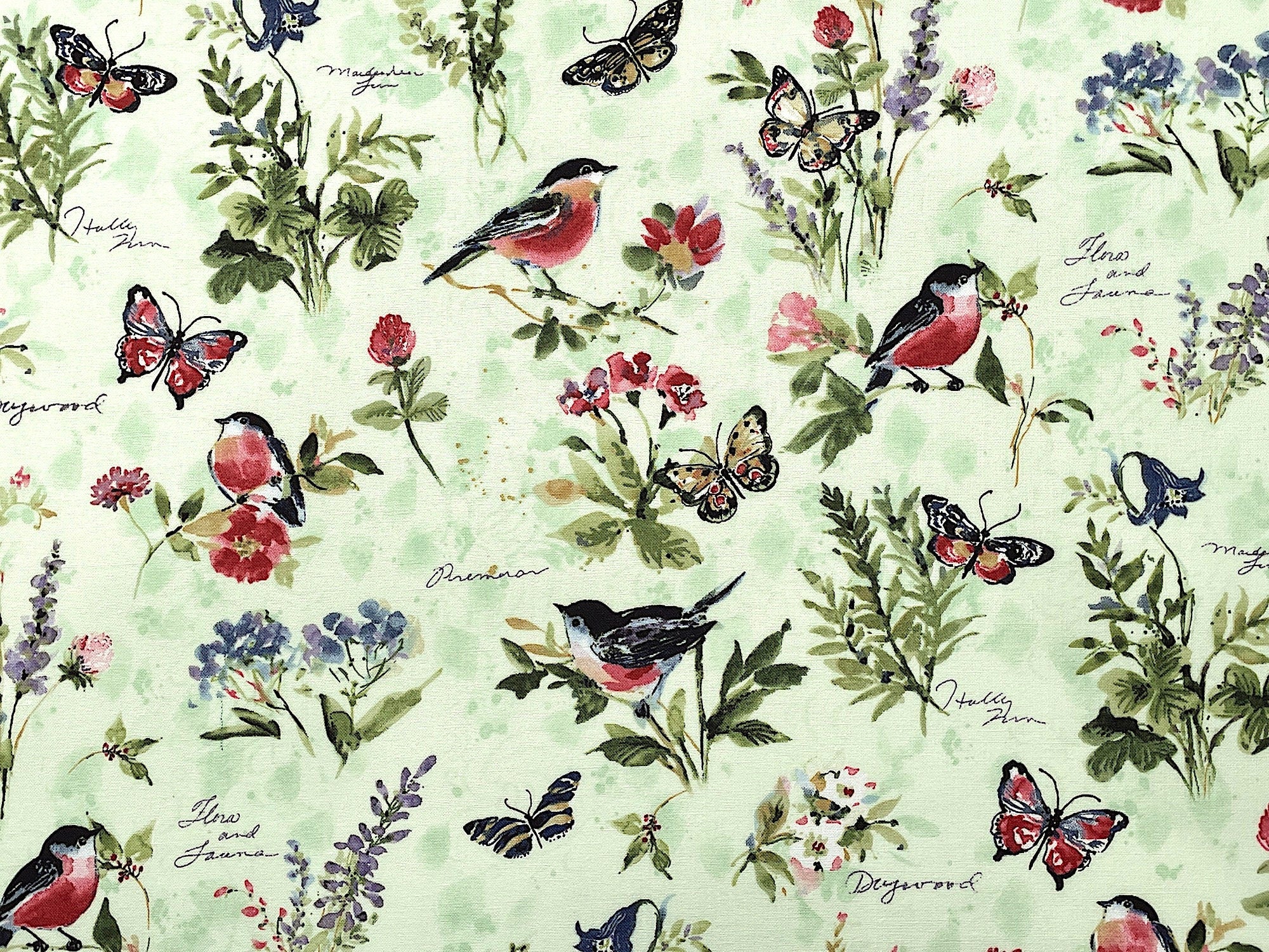 Cotton fabric covered with birds, butterflies and flowers.