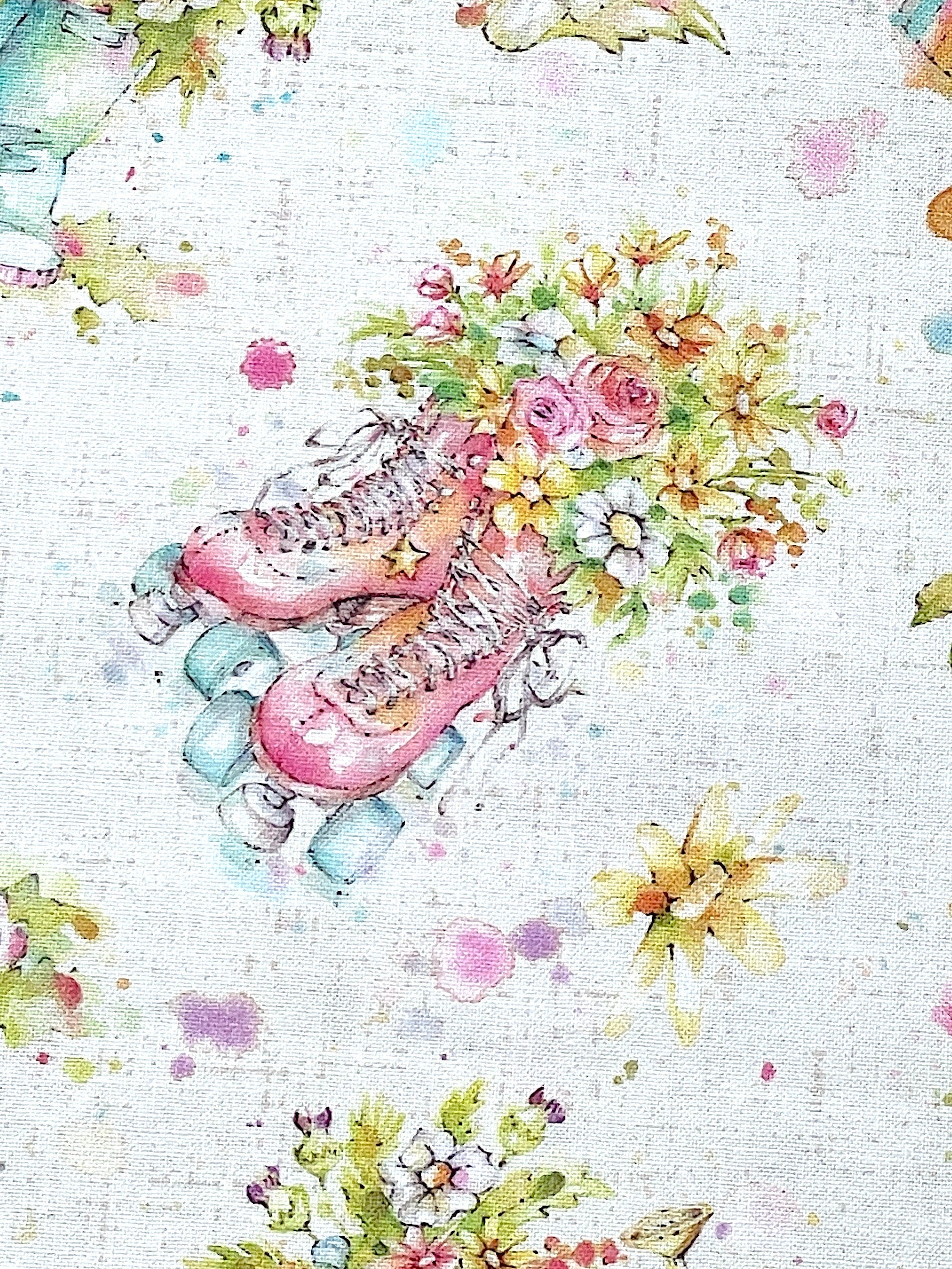 Close up of a pair of roller skates full of flowers.