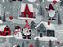 Close up of a gnome and snowman, a house, trees, snowflakes and more.