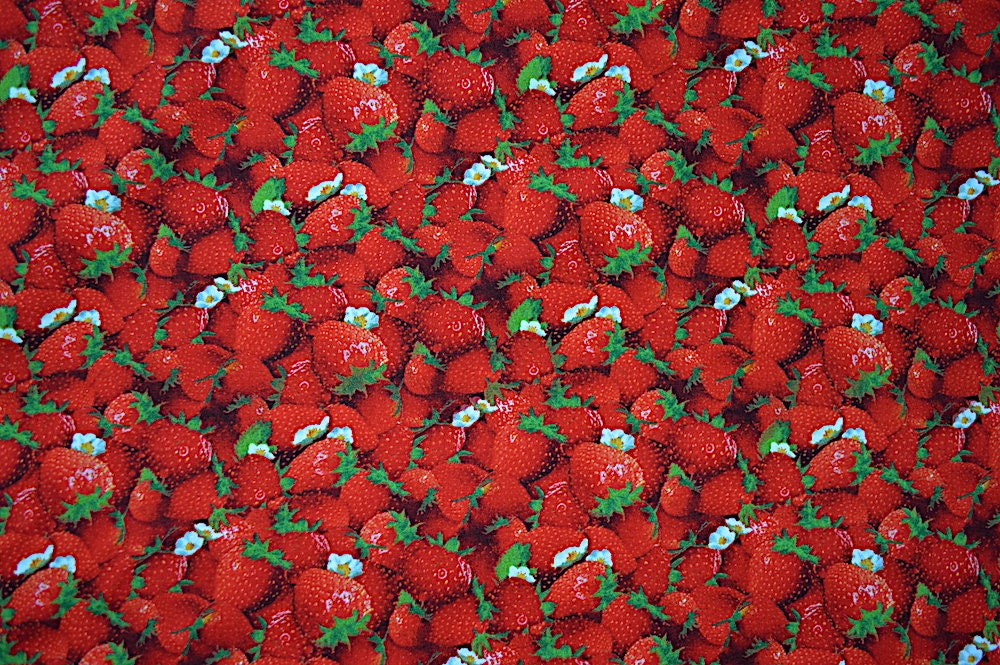 This cotton fabric is covered with strawberries.