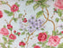 This fabric is called Morning in the Garden and has various shades of pink roses and green leaves on a light blue background.