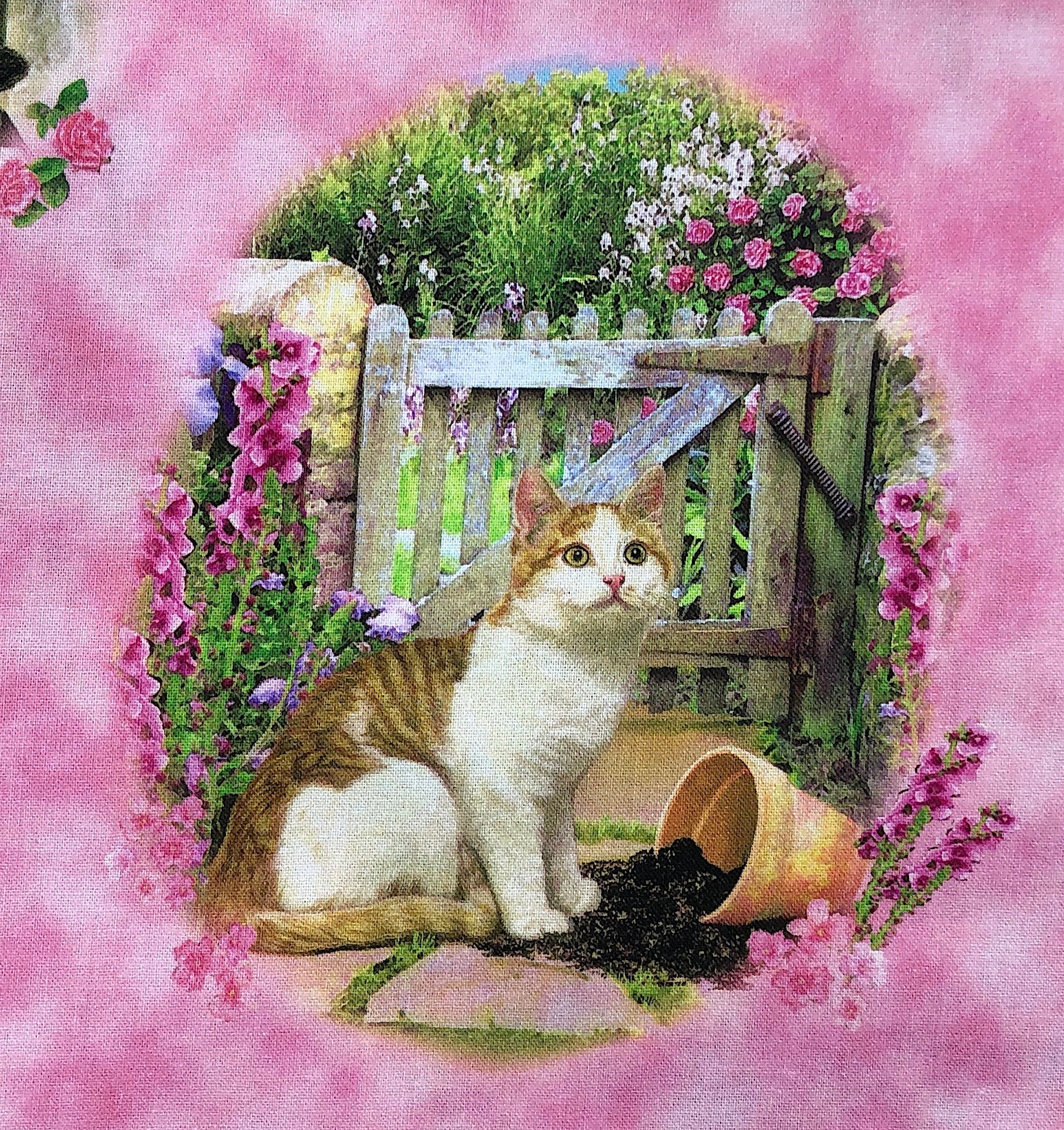Cat sitting by a pot of dirt surrounded by flowers.
