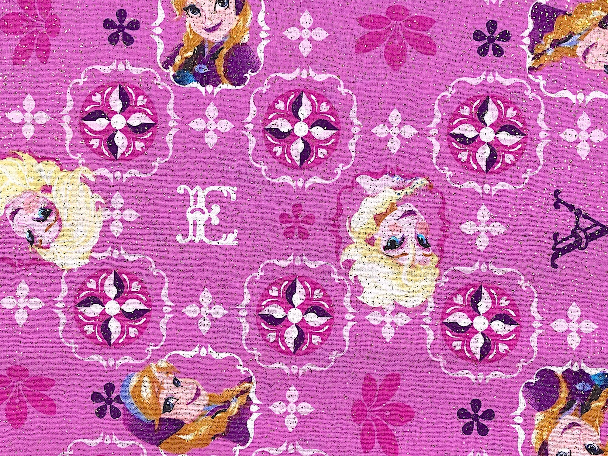 This Frozen fabric has Elsa and Ana on a pink background which is covered with glitter.