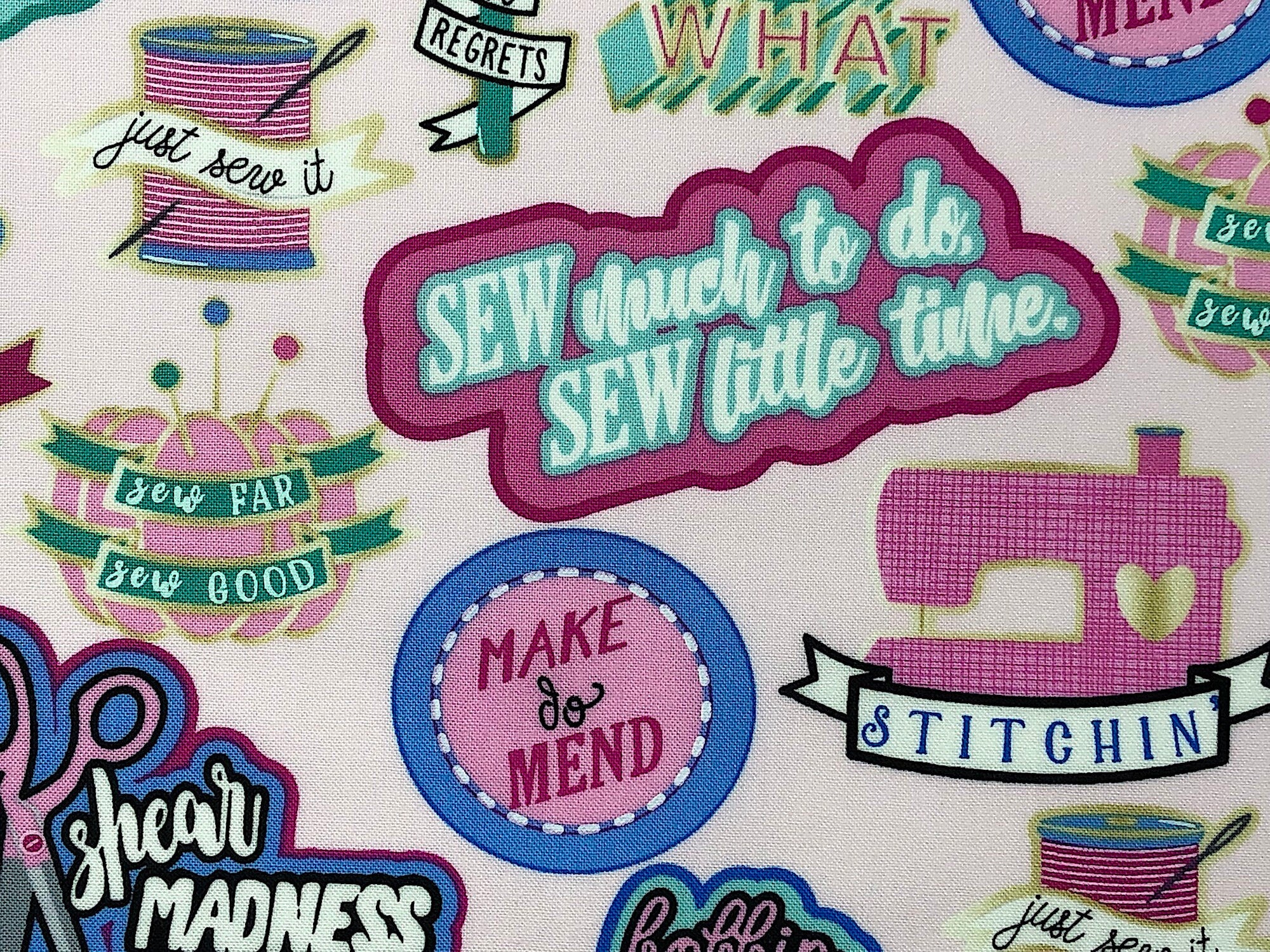 Pink Sew Cool Patches - Sewing Themed Fabric - Cotton Fabric - Quilting Fabric - Timeless Treasures - SEW-11