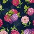 This fabric is covered with peonies and hydrangeas on a dark blue background.