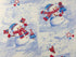 This fabric is covered with snowmen wearing scarves. Some of the snowmen are holding patriotic ornaments, some are by birdhouses and others are ringing a bell.
