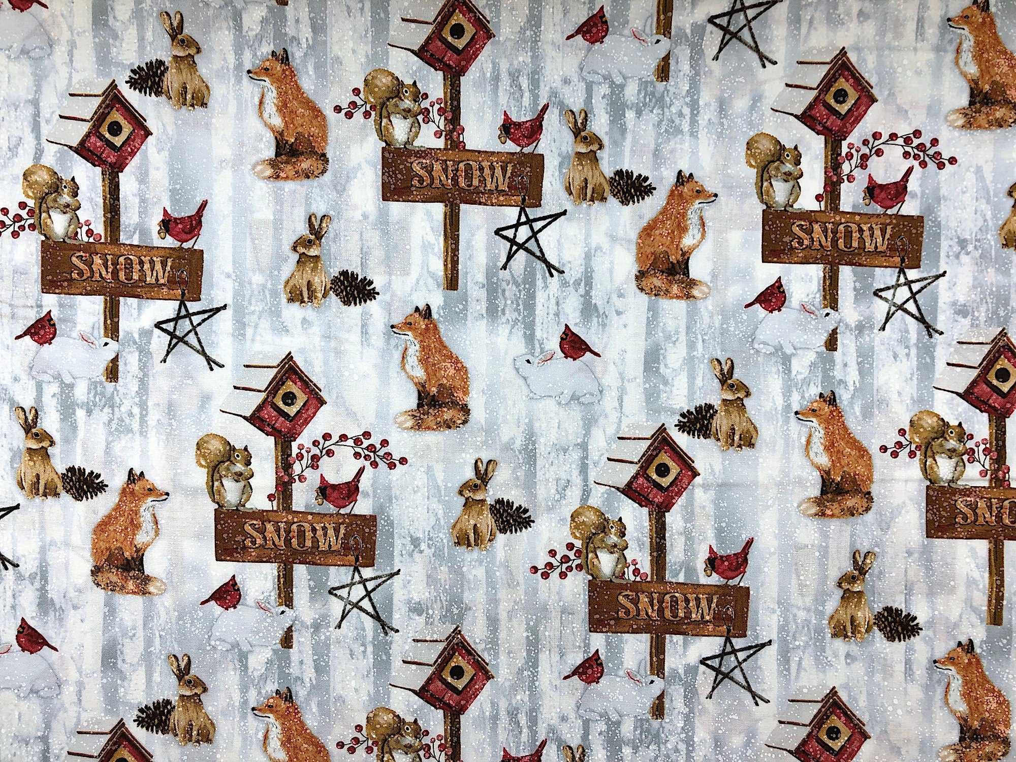 This fabric is called Snow Days and has fox, rabbits, birds and squirrels on a snow covered background. There are also bird houses and signs that Say SNOW.