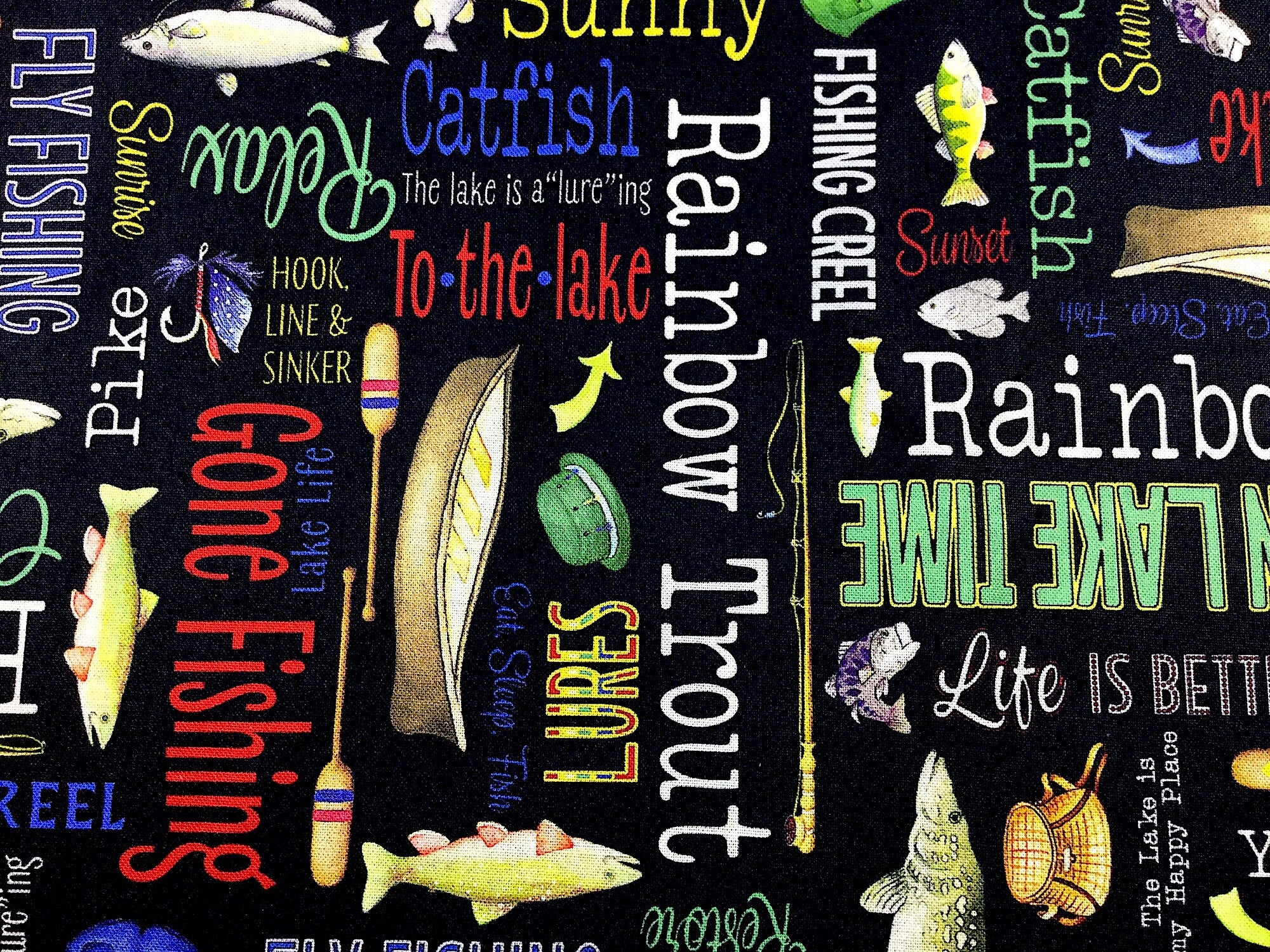 This fabric is part of the Keep it Reel Collection and is covered with trout and the following words: Yellow Perch, Welcome to the Cabin, Gone Fishing, Rest and Restore, Brook Trout, To the Lake, Life is Better at the Lake, Rod and Reel and more.
