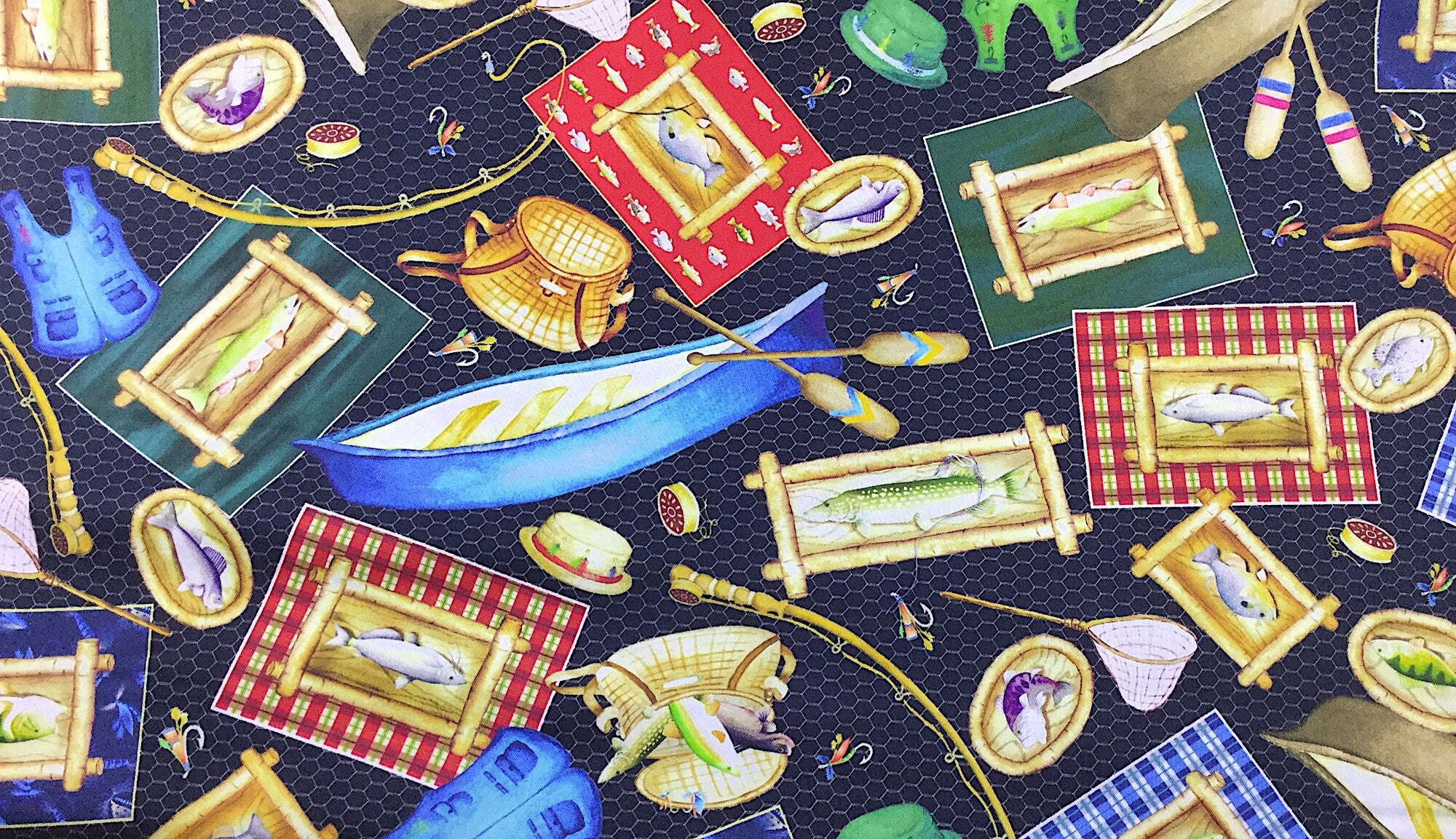 This fabric is part of the Keep it Reel Collection and is covered with trout canoes, fisherman's hats, oars, life vests and more fishing themed items.