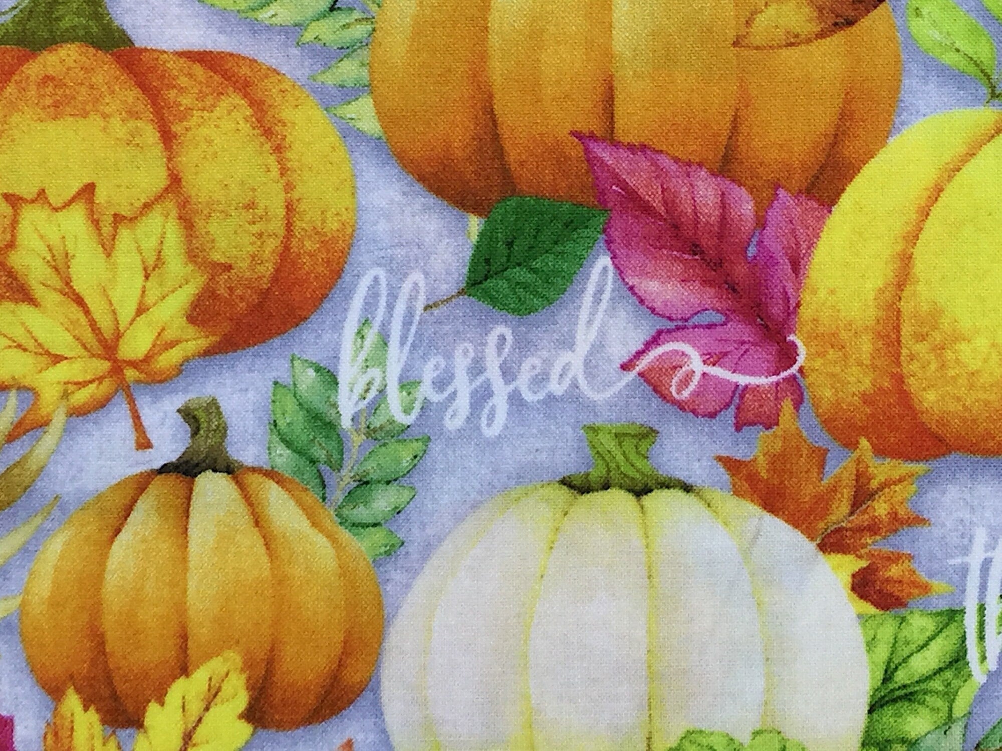 Close up of the word blessed and it's surrounded by pumpkins.