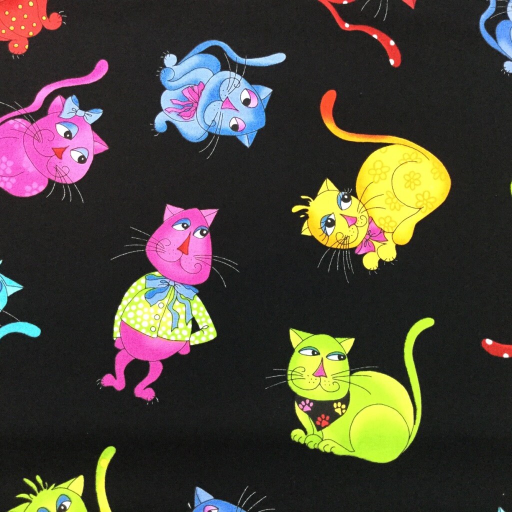 Close up of yellow, pink and blue cats.