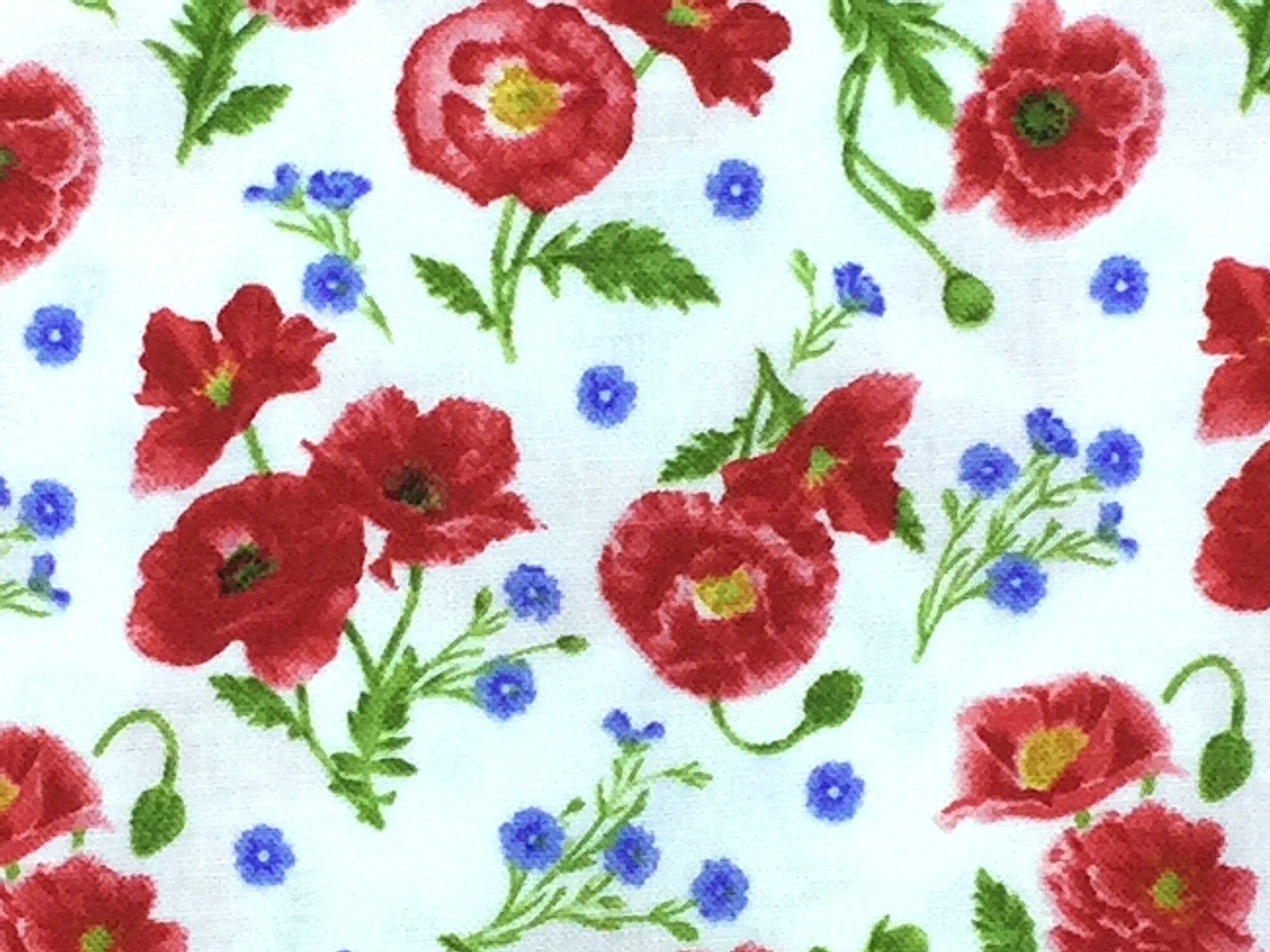 This fabric has red poppies on a white background
