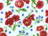 This fabric has red poppies on a white background