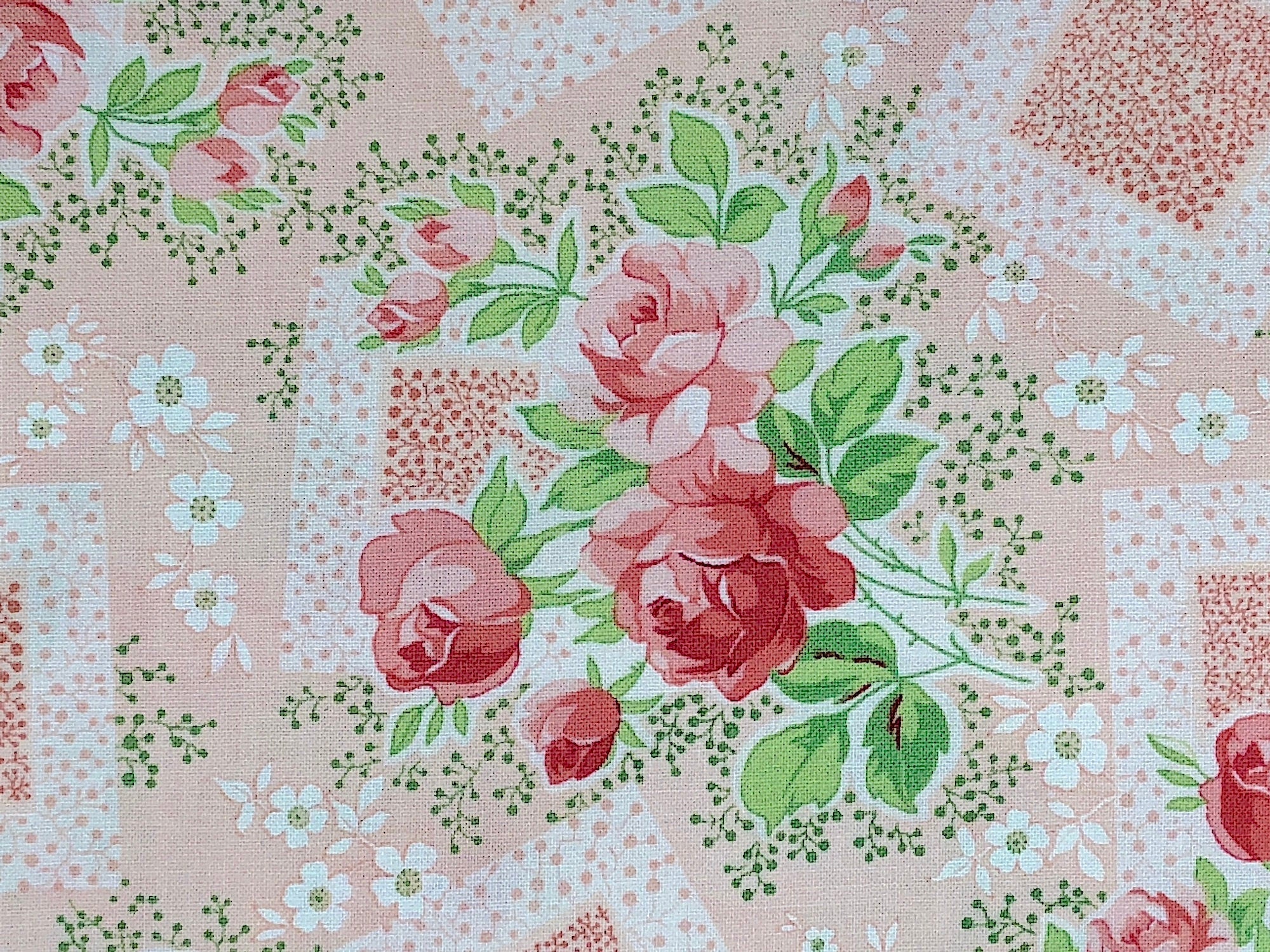 Close up of peach flowers and green leaves.