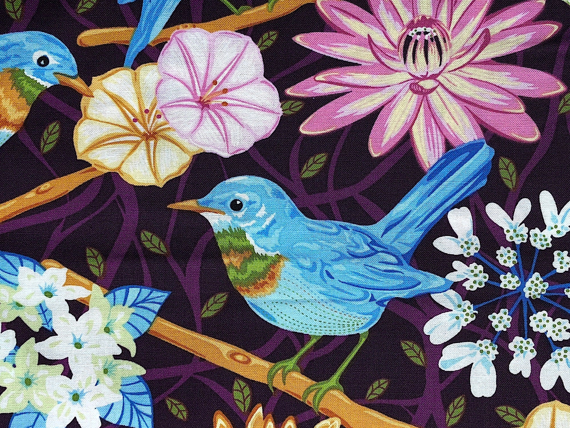 Close up of a blue bird standing on a branch surrounded by flowers.