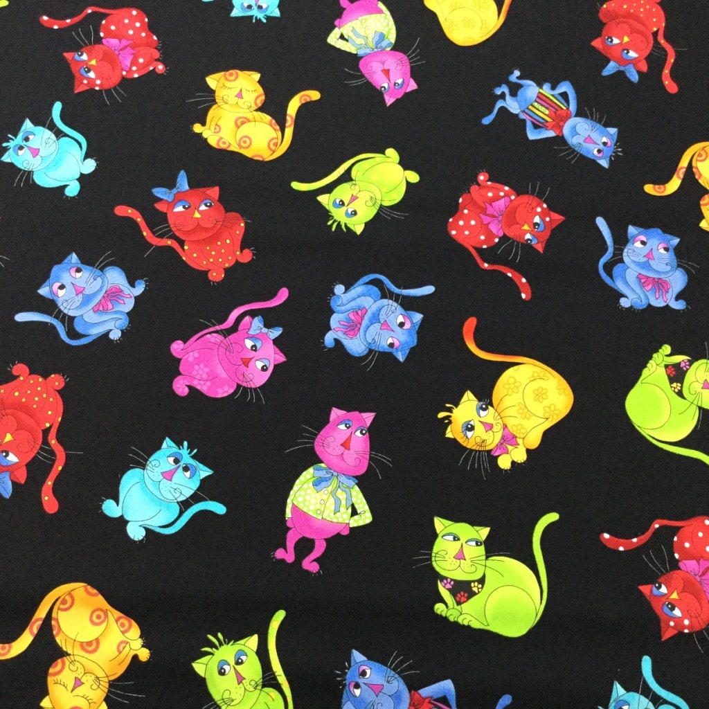 Cats of multiple colors are tossed on this black background. The cats are arranged in a random fashion on the fabric.