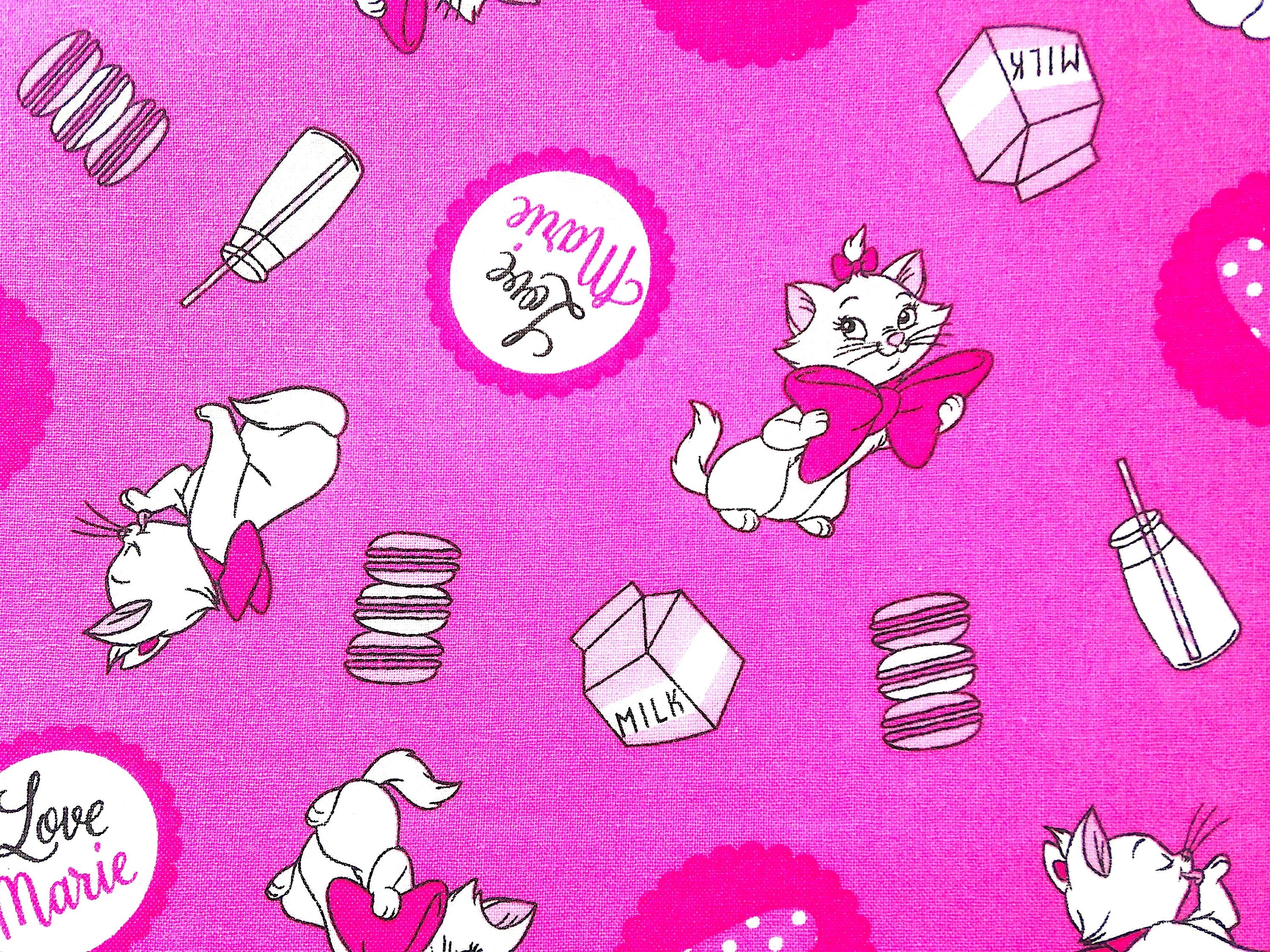 Close up of Marie the cat, cookies and milk on pink.