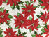 Red Poinsettias and green leaves on a white snowflake covered background.