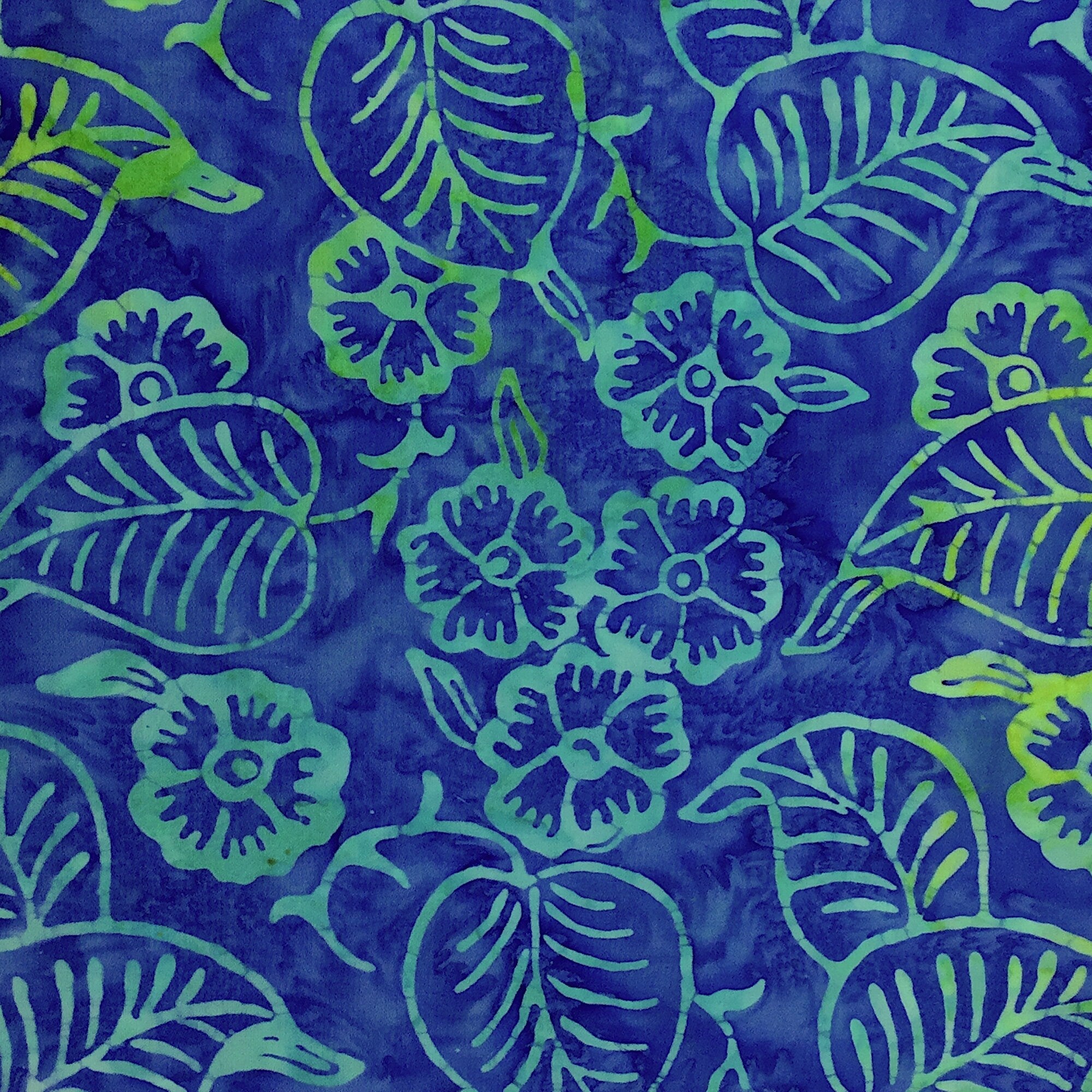 Close up of leaves and flowers on a blue background.