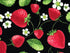 This black fabric is covered with strawberries and strawberry flowers on the vines