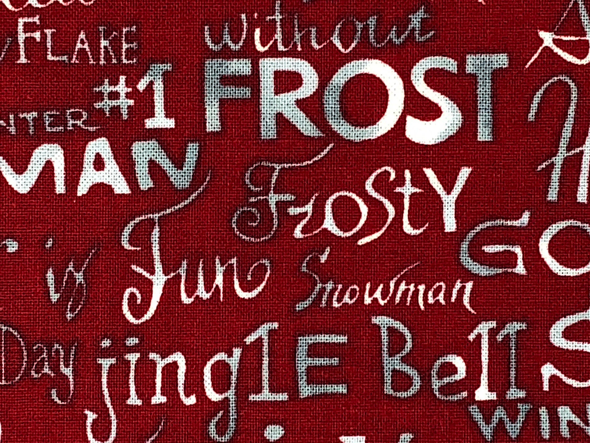 Close up of sayings such as frost, frosty and snowman.