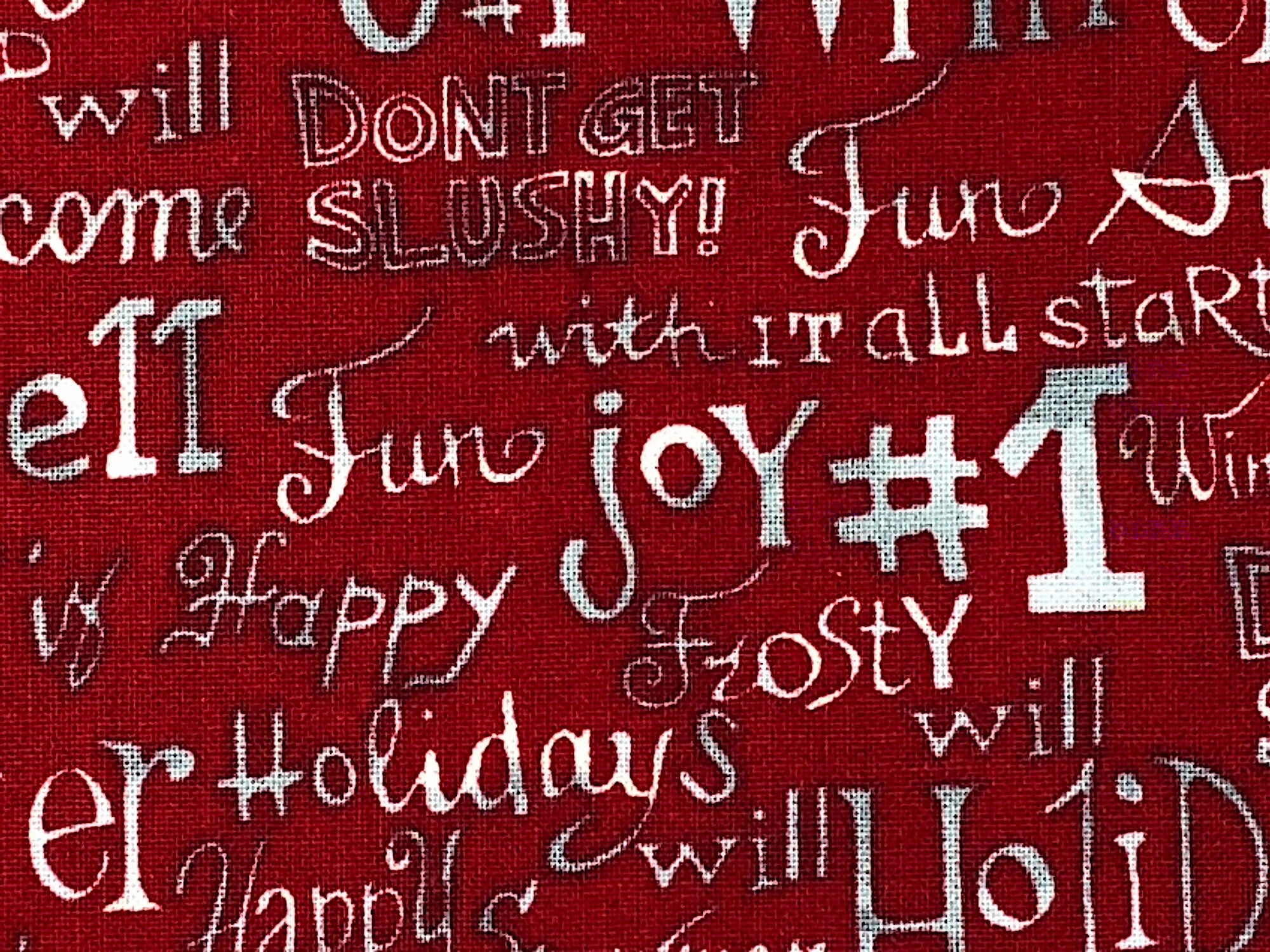 Close up of sayings such as fun, joy, happy and frosty.
