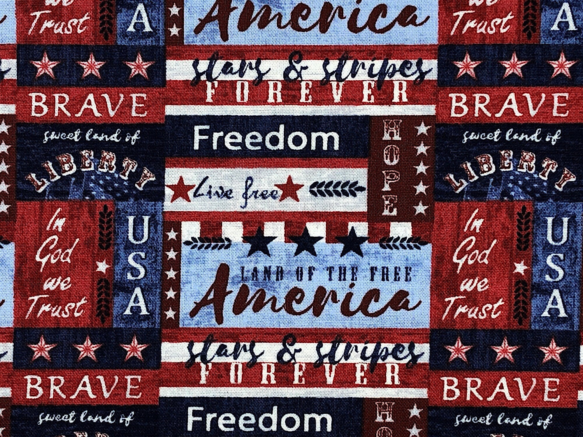 Close up of Patriotic fabric with sayings such as USA, In God we trust, Land of the Free America and more.