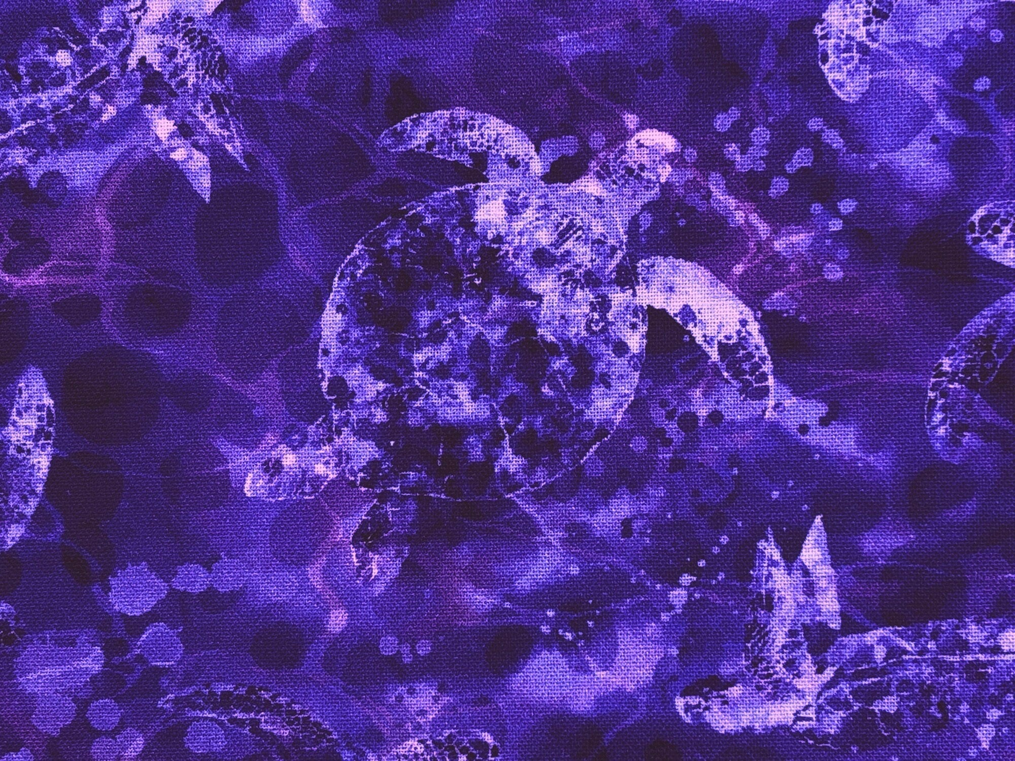 Close up of purple turtles on purple cotton fabric.