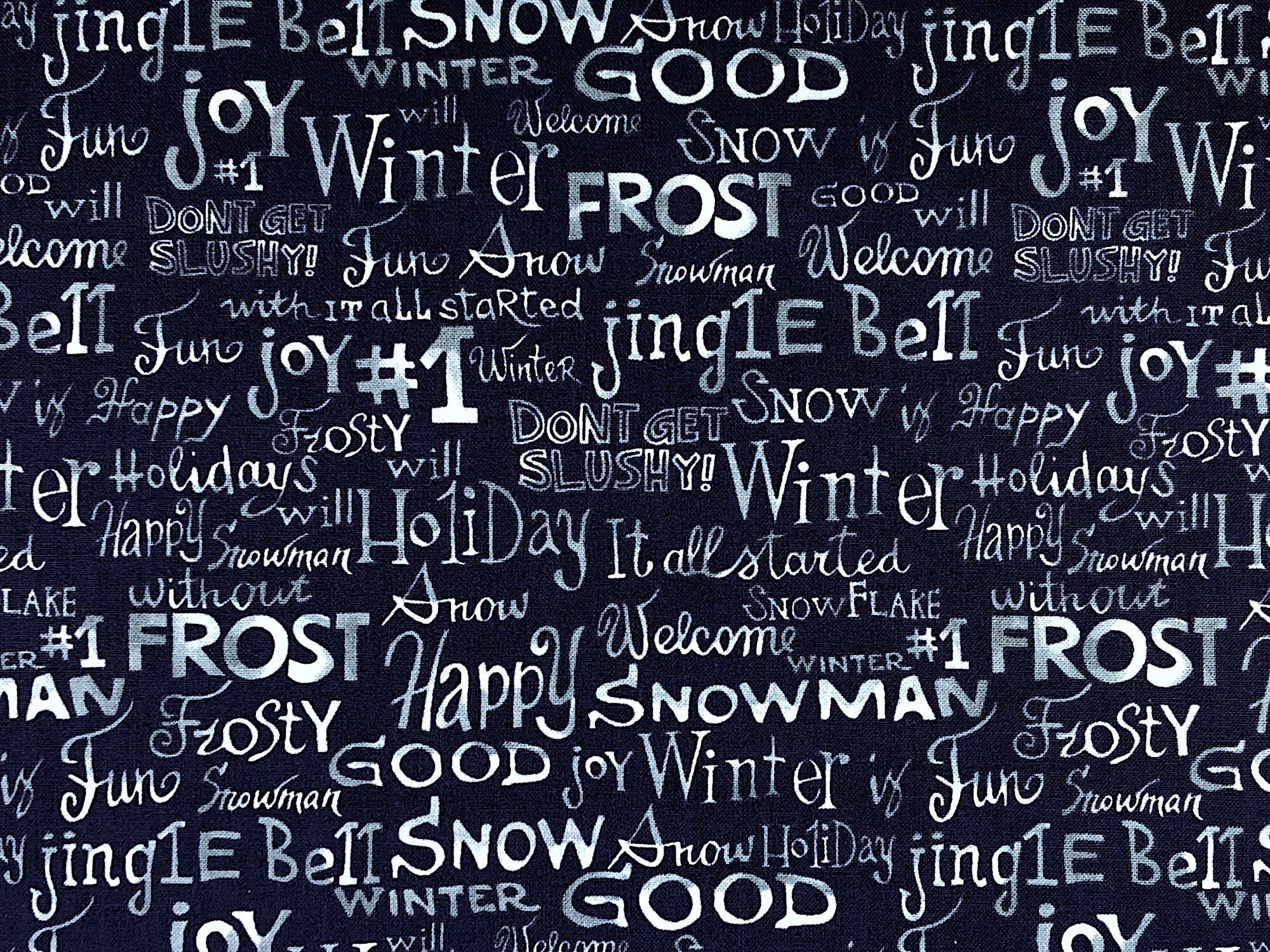 Close up of sayings such as frost, winter, dont get slushy, snowman, happy and more.
