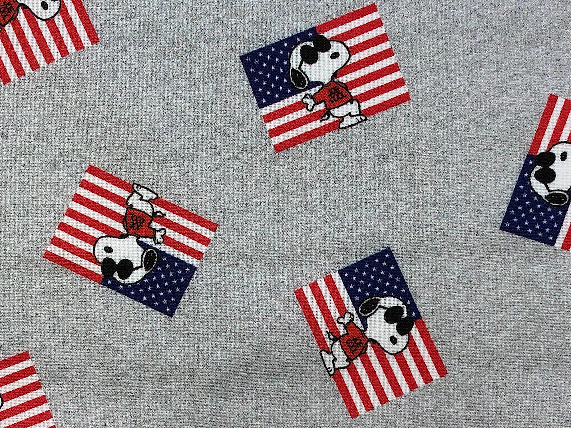 Close up of Snoopy wearing a joe cool shirt standing next to a USA Flag on a grey background.