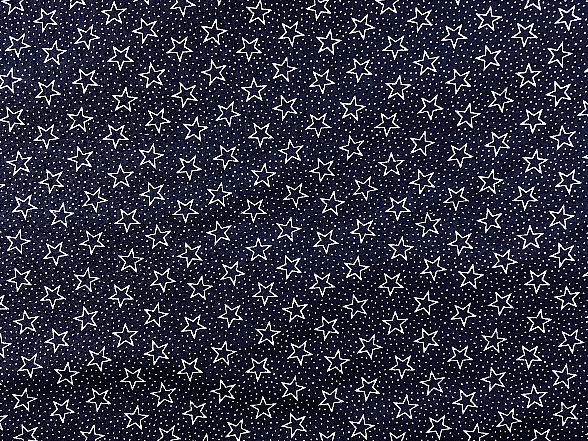 Blue cotton fabric covered with white stars and dots.