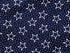 Close up of blue cotton fabric covered with white stars and dots.
