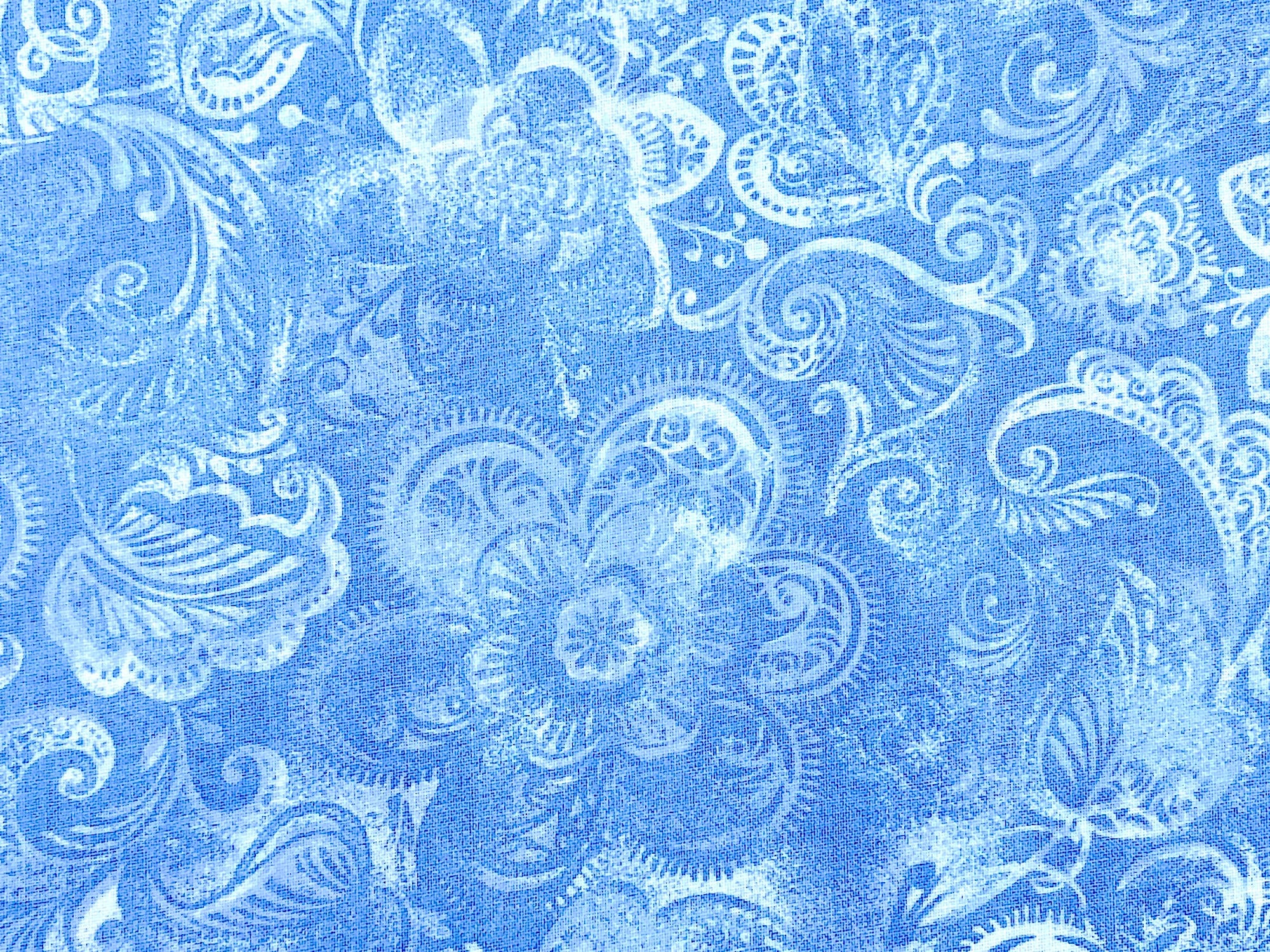 This wide light blue fabric is covered with flower and leaf outlines.