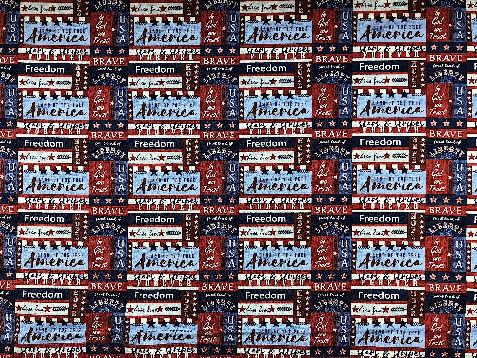 This patriotic fabric is covered with sayings such as Stars and Stripes, Live Free, Freedom, Brave, Land of the Free, America, In God We Trust and more