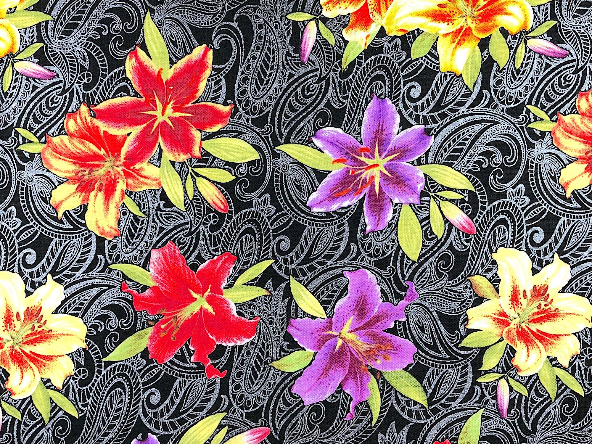 Close up of red, yellow and purple lilies.