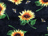 Close up of sunflowers and bees on a black background.