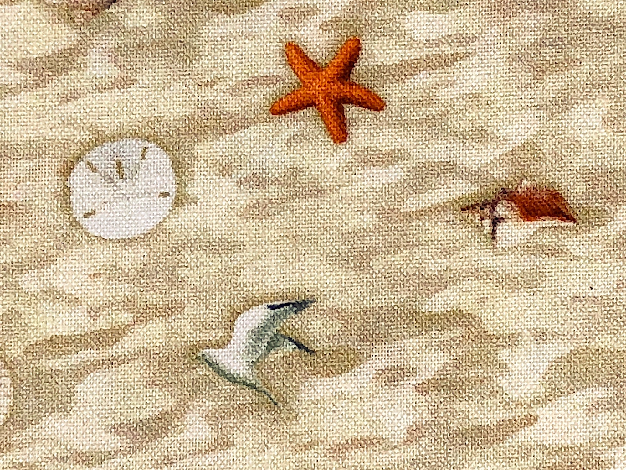Closeup of sand fabric with sea shells and a bird.