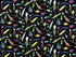 Black cotton fabric covered with fishing lures.
