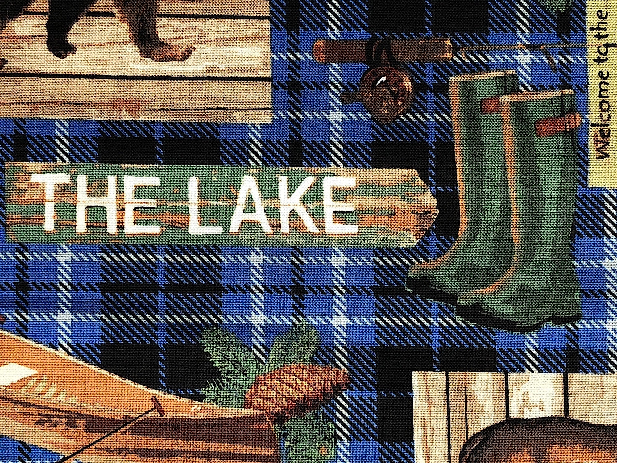 Close up of boots and the lake sign.
