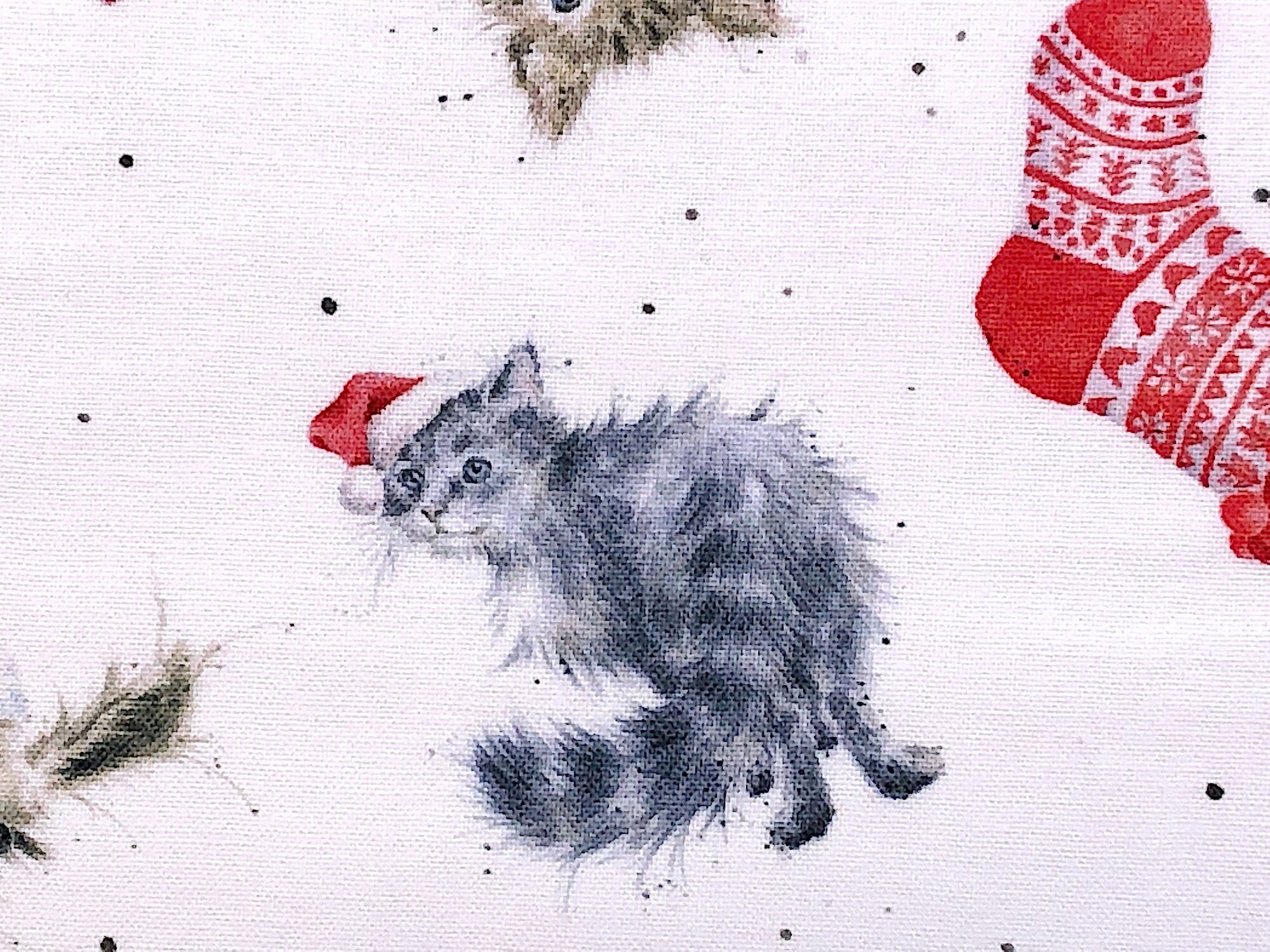 Close up of a grey cat wearing a Santa hat.