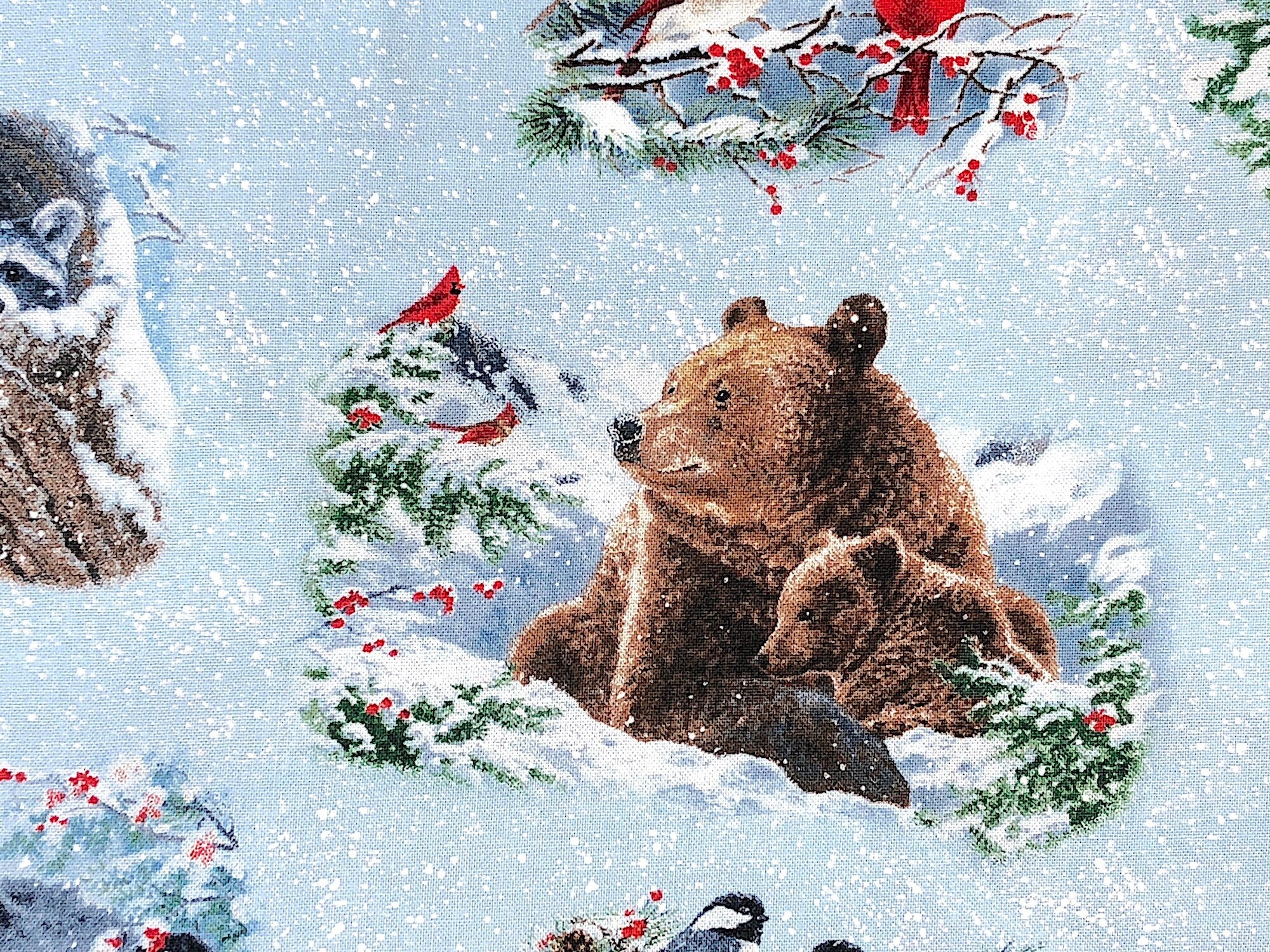 Close up of mama and baby bear in the show.  There are also red birds behind the bear.
