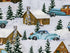 Close up of a cabin in the show with trees around it.  There is also a blue car.