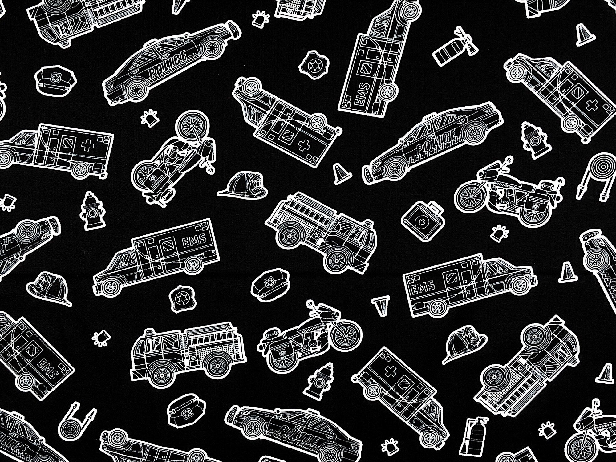 Glowing Rescue Vehicle Fabric - Transportation Fabric - Cotton Fabric - TRANS-11