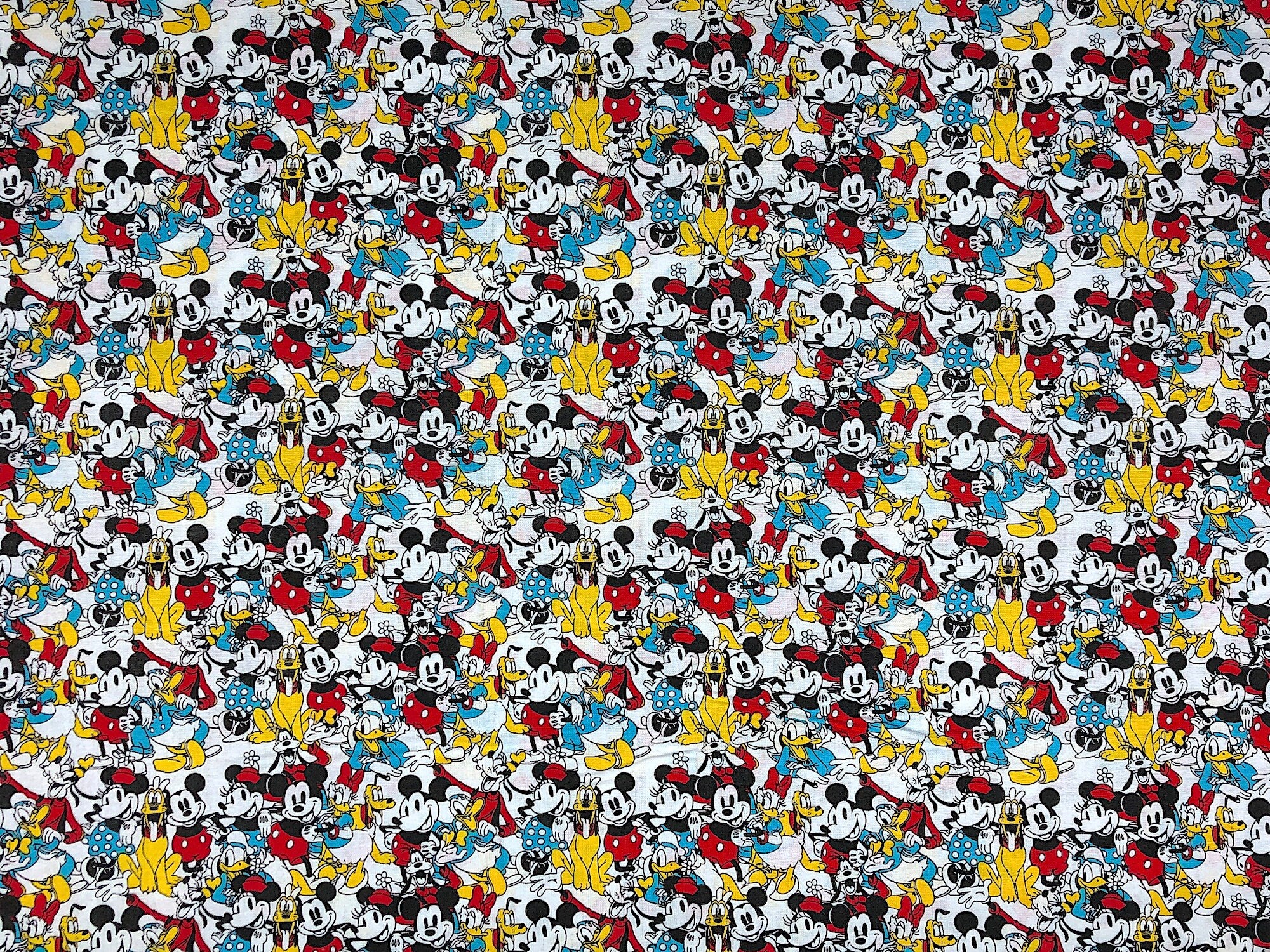 This fabric is called Sensational 6 Snapshot. This white fabric is covered with Mickey Mouse, Minnie Mouse, Pluto, Goofy and Donald Duck.