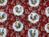 This fabric is called Morning Bloom Medallion. This red fabric is covered with roosters and flowers