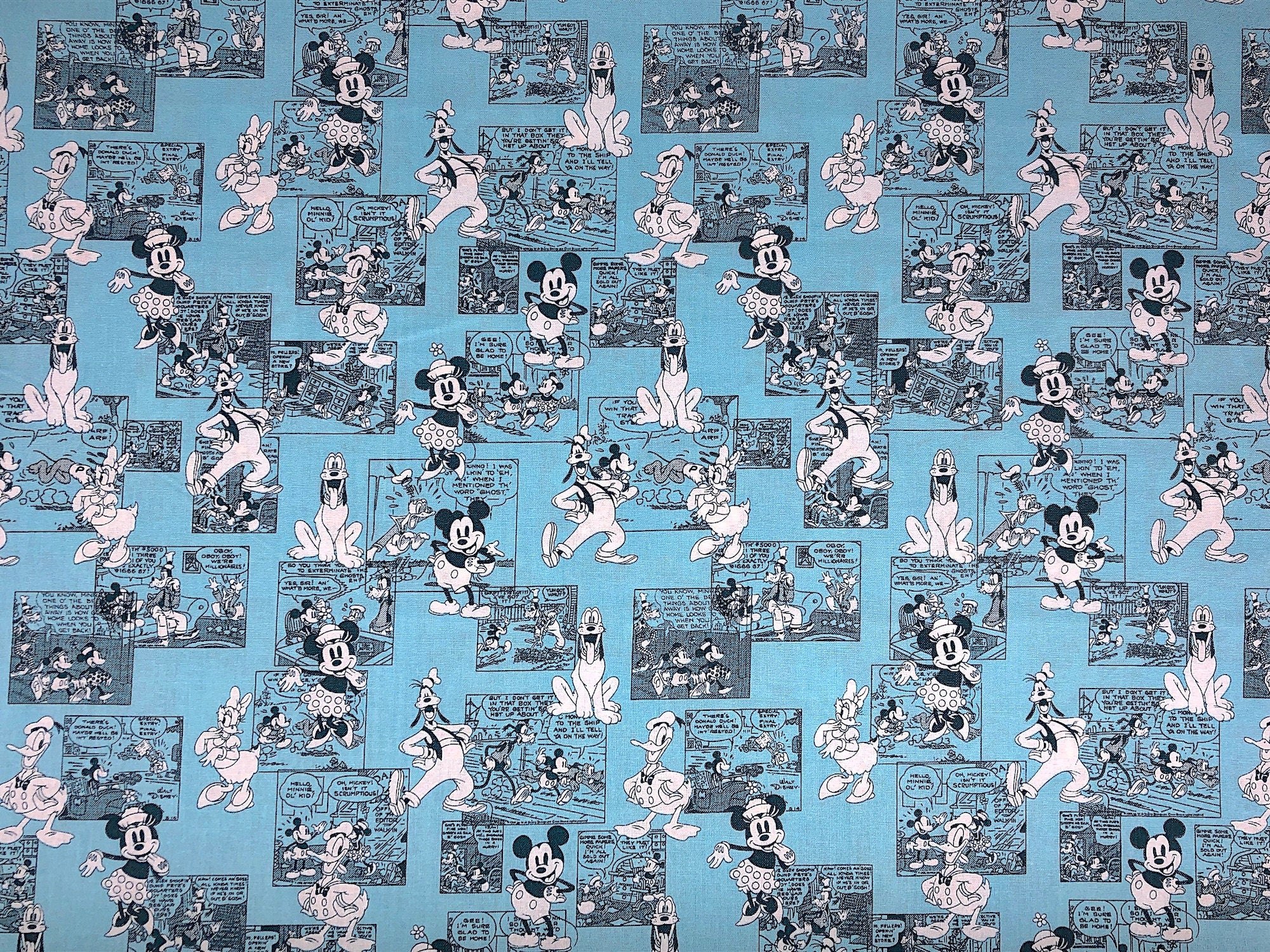 This fabric is called Sensational 6 comic strip and is covered with Mickey Mouse, Minnie Mouse, Pluto, Goofy, Daisy Duck and Donald Duck comic strips