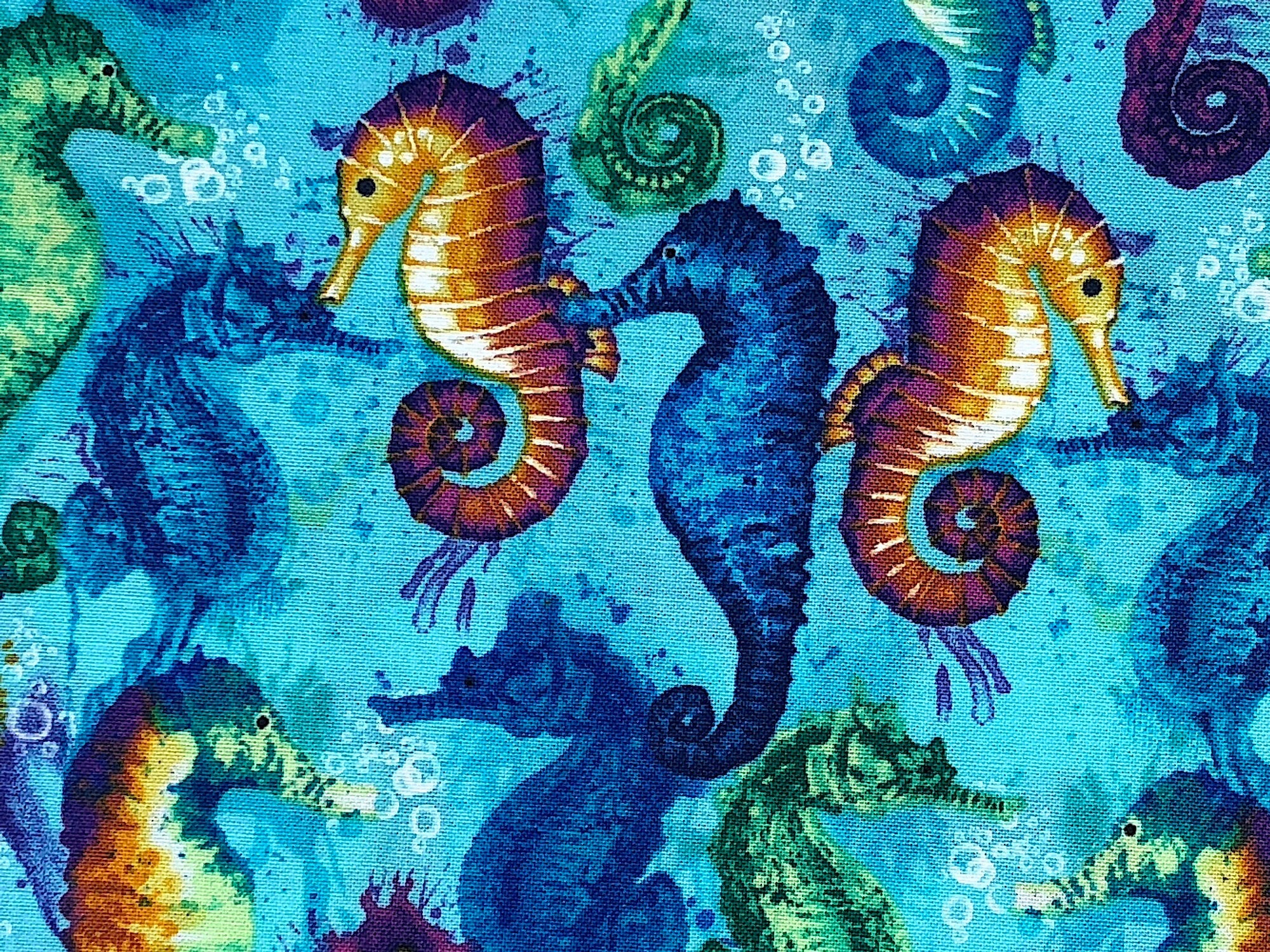 Close up of seahorses that are green, blue, yellow, red and purple.