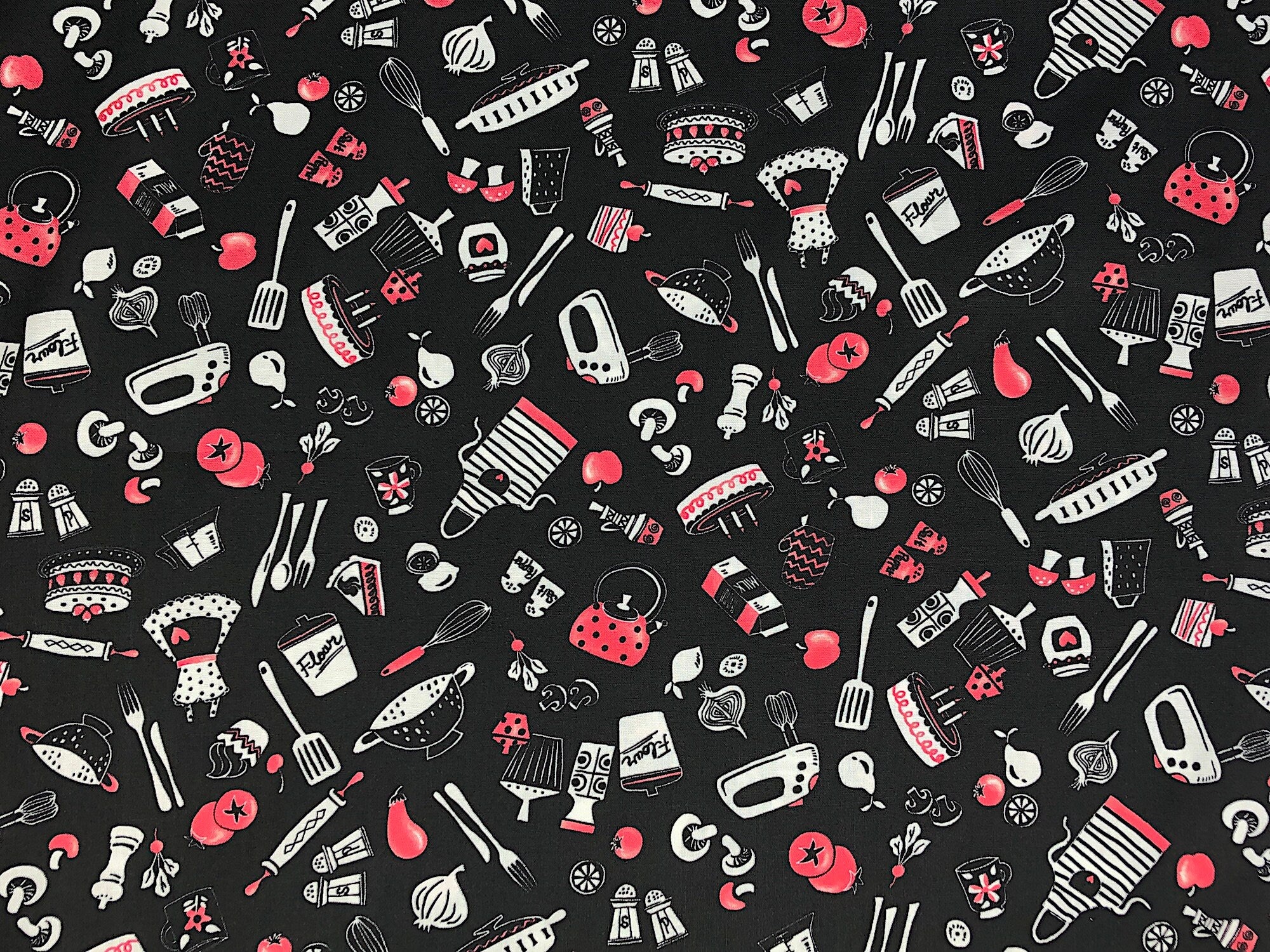 This fabric is called Black in the kitchen utensils and is covered with aprons, spatulas, cakes, rolling pins, graters, whisks, apples, mushrooms and more. The background is black.