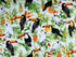This white fabric is covered with White Toucans and Black Parrots. The birds are sitting in trees amongst the flowers and pineapple