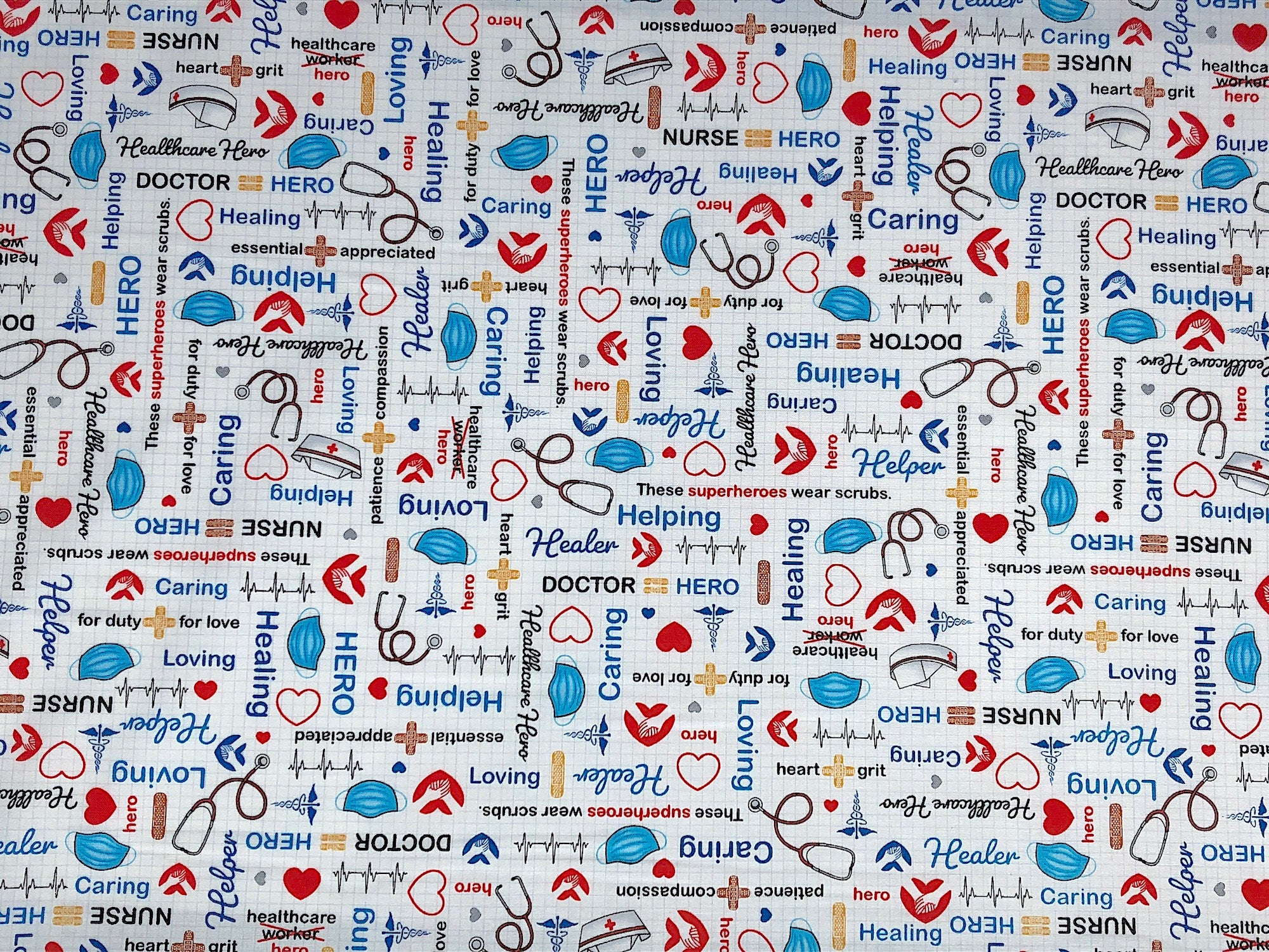 This nurse fabric is covered with hearts, nurse hats, face masks, stethoscopes and more. The white fabric also has medical sayings such as healer, doctor, healthcare These superheroes wear scrubs and more.